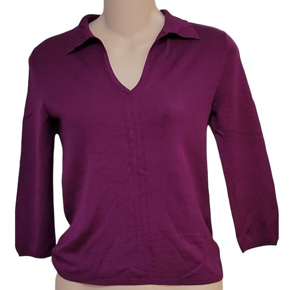 3/4 Sleeve Purple Silk Blend  V-Neck  Sweater - Picture 1 of 6